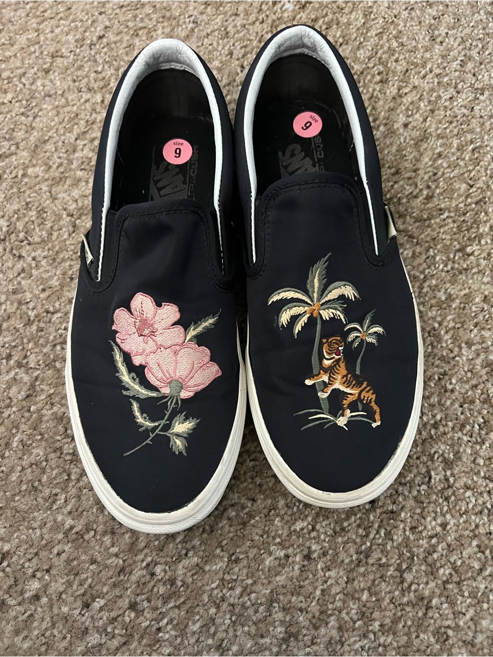 Vans Black Slip-On Sneakers with Pink Floral & Tiger Embroidery